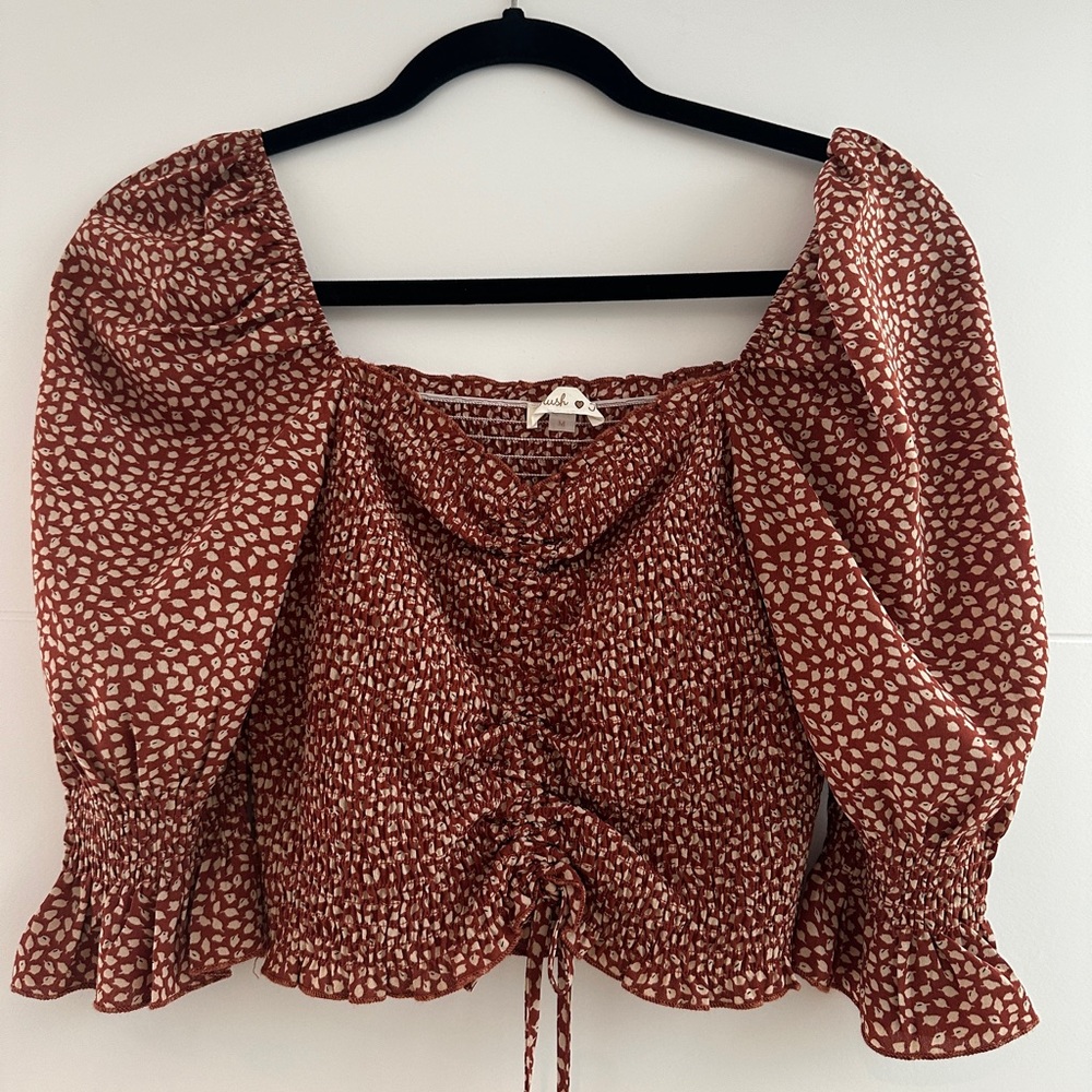 Blush Nordstrom rack Rust Puff Sleeve Smocked Blouse Dainty Print Festival M - Picture 6 of 10